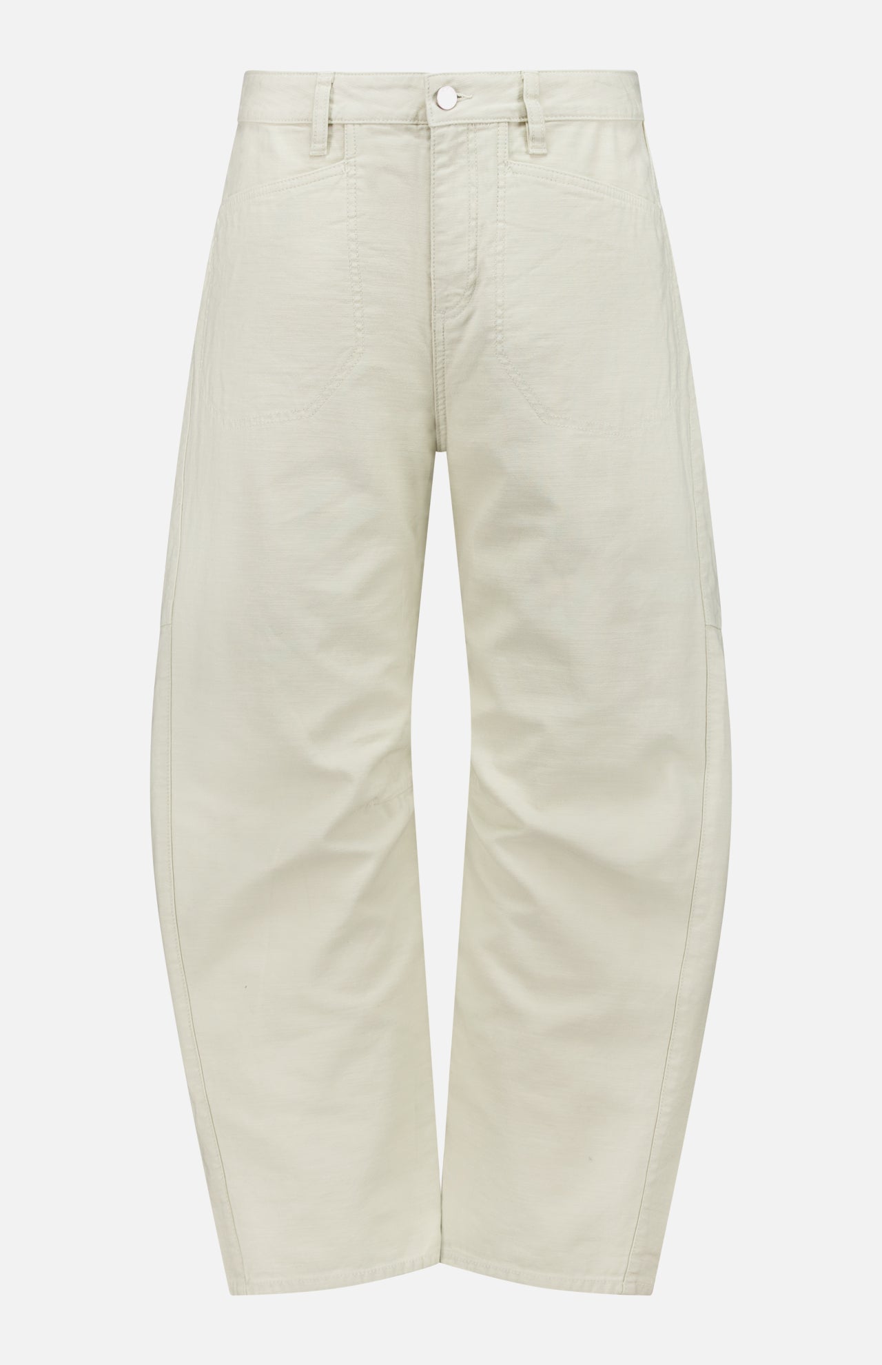 The Stevie Utility Tapered Pant by RAG & BONE is a high-waisted, off-white style made from 100% cotton, featuring front patch pockets and a button closure, shown against a plain white background.