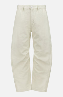 The Stevie Utility Tapered Pant by RAG & BONE is a high-waisted, off-white style made from 100% cotton, featuring front patch pockets and a button closure, shown against a plain white background.