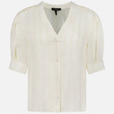 The Taylor Short Puff Sleeve Shirt by RAG & BONE features an off-white hue, v-neckline, button-down front, subtly textured fabric, and cuffed short sleeves, shown against a white background.