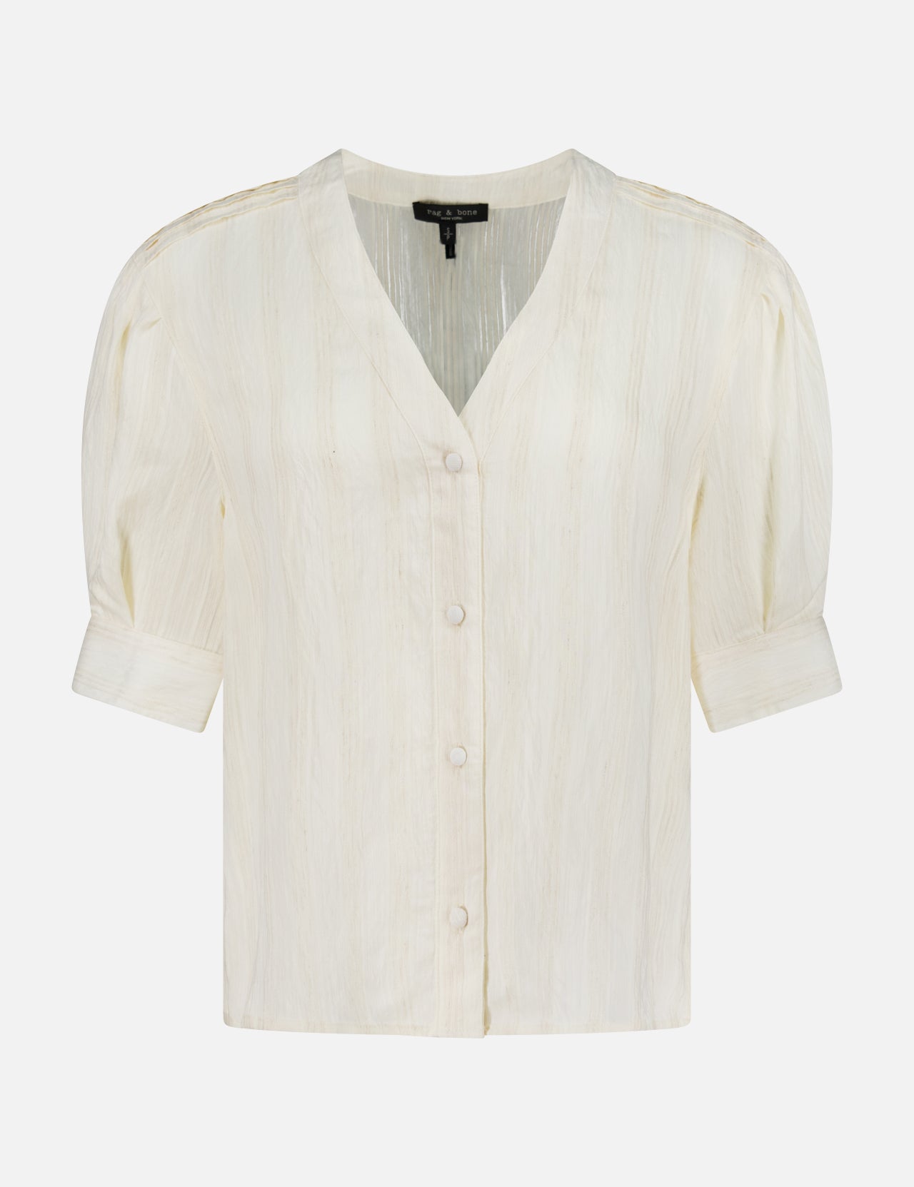 The Taylor Short Puff Sleeve Shirt by RAG & BONE features an off-white hue, v-neckline, button-down front, subtly textured fabric, and cuffed short sleeves, shown against a white background.