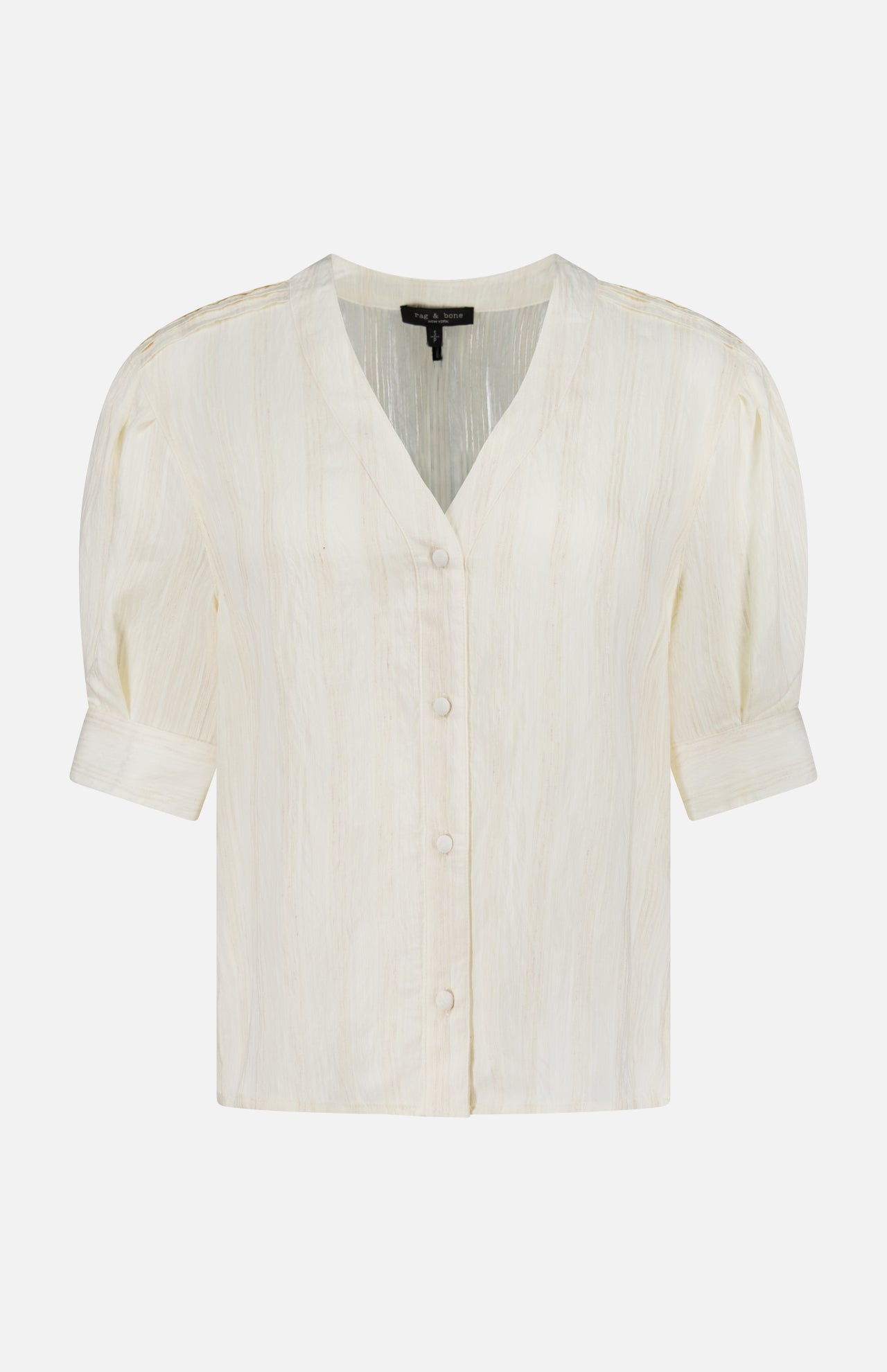 The Taylor Short Puff Sleeve Shirt by RAG & BONE features an off-white hue, v-neckline, button-down front, subtly textured fabric, and cuffed short sleeves, shown against a white background.