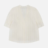 The RAG & BONE Taylor Short Puff Sleeve Shirt, in light beige off-white with subtle vertical stripes, features puffed sleeves, a collarless neckline, and buttoned cuffs. Displayed flat on a white background.