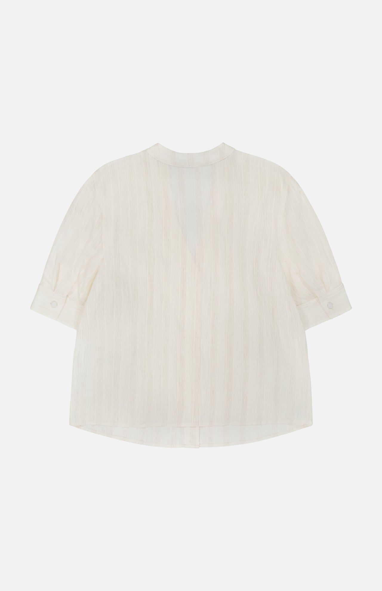 The RAG & BONE Taylor Short Puff Sleeve Shirt, in light beige off-white with subtle vertical stripes, features puffed sleeves, a collarless neckline, and buttoned cuffs. Displayed flat on a white background.