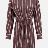 The Taylor Stripe Mini Dress by RAG & BONE features a belted waist, long sleeves, a collar, and brown fabric with white vertical and diagonal stripes.