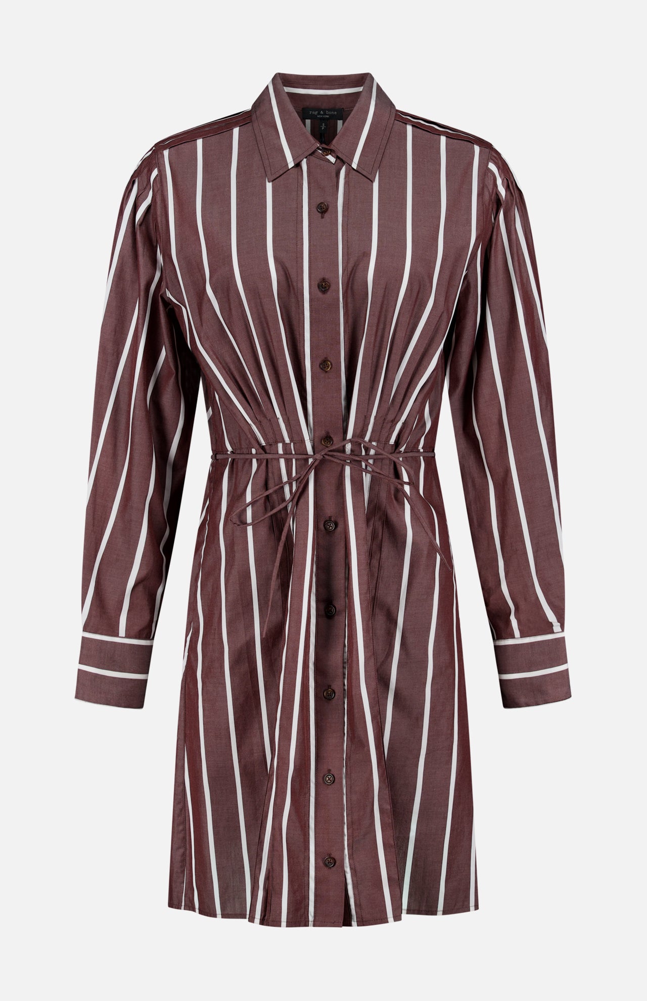 The Taylor Stripe Mini Dress by RAG & BONE features a belted waist, long sleeves, a collar, and brown fabric with white vertical and diagonal stripes.
