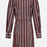 The Taylor Stripe Mini Dress by RAG & BONE features a back view with long sleeves, vertical white stripes, a collar, waist tie, and buttoned cuffs, displayed against a plain white background.