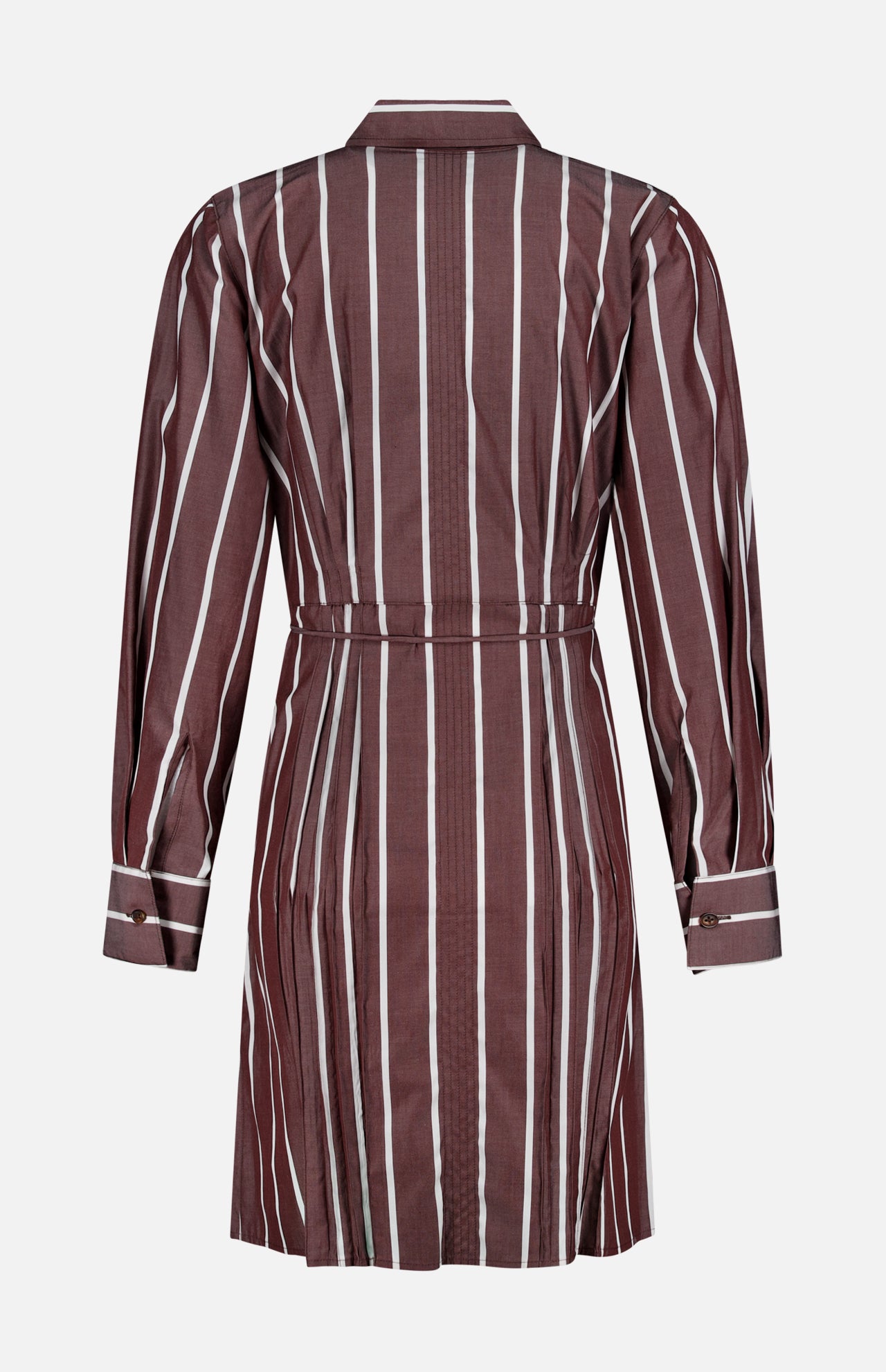The Taylor Stripe Mini Dress by RAG & BONE features a back view with long sleeves, vertical white stripes, a collar, waist tie, and buttoned cuffs, displayed against a plain white background.