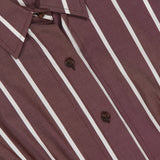 A close-up of the RAG & BONE Taylor Stripe Mini Dress, featuring maroon fabric with vertical white stripes, brown buttons, and a pointed collar. The smooth dress is neatly arranged for display.
