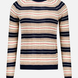 The Teresa Silk Stripe Crewneck Shirt by RAG & BONE features long sleeves and horizontal navy, beige, and red stripes. Crafted from a silk-infused yarn for exceptional softness, this shirt showcases a ribbed texture along with a classic crew neck, finished with navy accents on the cuffs, collar, and hem. The sweater is presented against a plain white background.