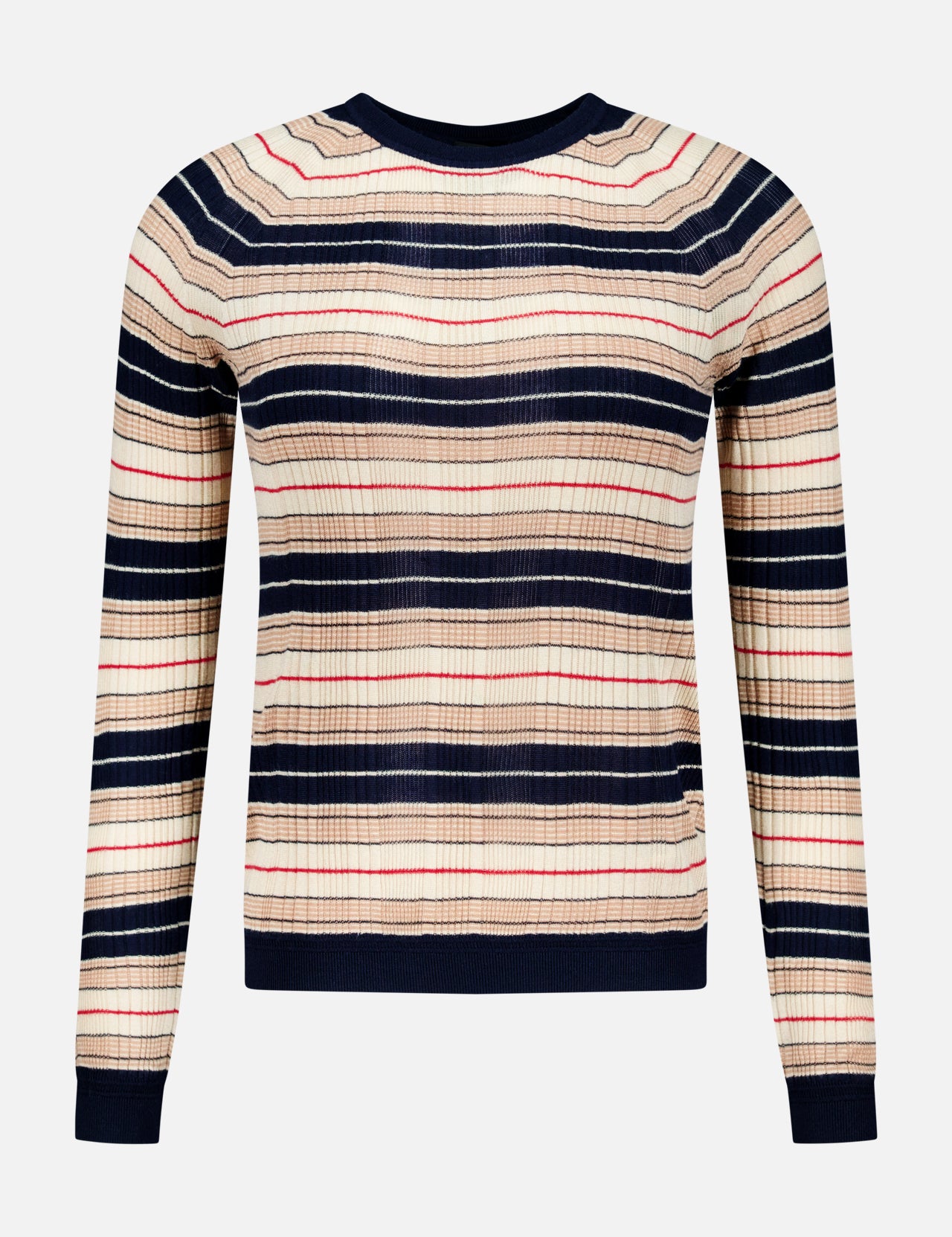 The Teresa Silk Stripe Crewneck Shirt by RAG & BONE features long sleeves and horizontal navy, beige, and red stripes. Crafted from a silk-infused yarn for exceptional softness, this shirt showcases a ribbed texture along with a classic crew neck, finished with navy accents on the cuffs, collar, and hem. The sweater is presented against a plain white background.