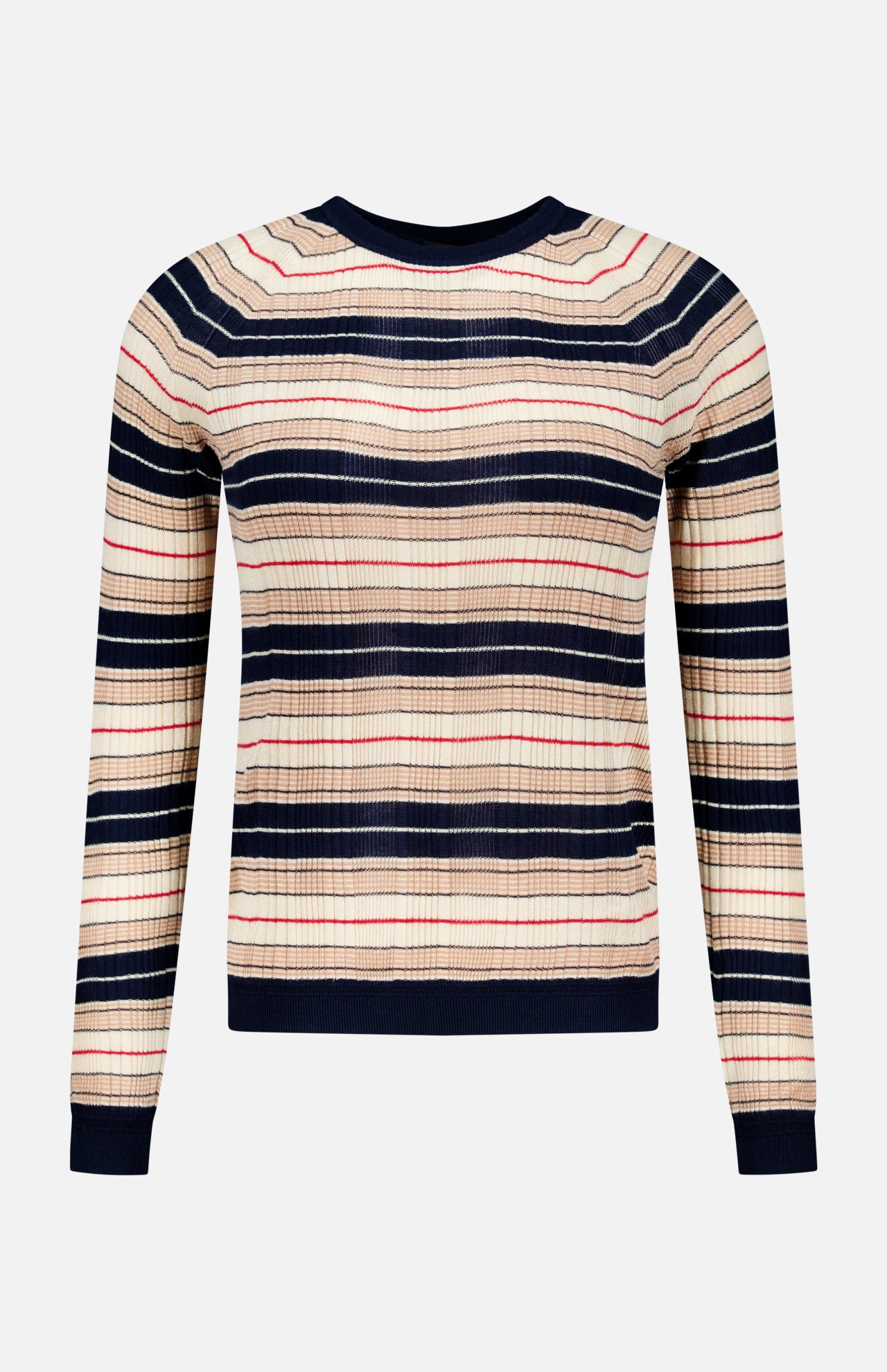 The Teresa Silk Stripe Crewneck Shirt by RAG & BONE features long sleeves and horizontal navy, beige, and red stripes. Crafted from a silk-infused yarn for exceptional softness, this shirt showcases a ribbed texture along with a classic crew neck, finished with navy accents on the cuffs, collar, and hem. The sweater is presented against a plain white background.