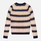 The Teresa Silk Stripe Crewneck Shirt by RAG & BONE is a long-sleeve crew neck top, crafted from ribbed knit fabric with horizontal navy blue, beige, and red stripes, shown laid flat with the back facing up.