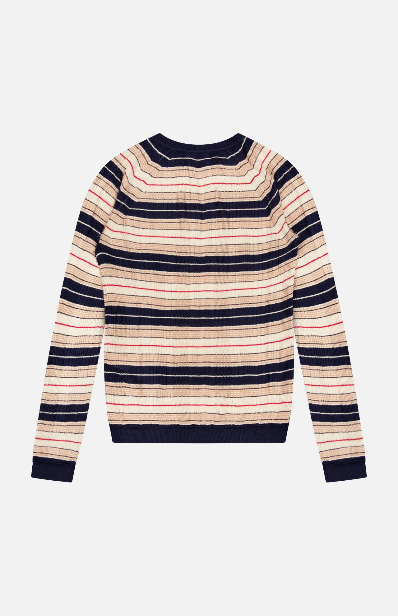 The Teresa Silk Stripe Crewneck Shirt by RAG & BONE is a long-sleeve crew neck top, crafted from ribbed knit fabric with horizontal navy blue, beige, and red stripes, shown laid flat with the back facing up.