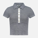 The Knit Button Stripe Polo T-shirt by RAG & BONE is a short-sleeved, black-and-white knit polo with stripes, a collar, and a five-button front placket, shown on a plain white background.