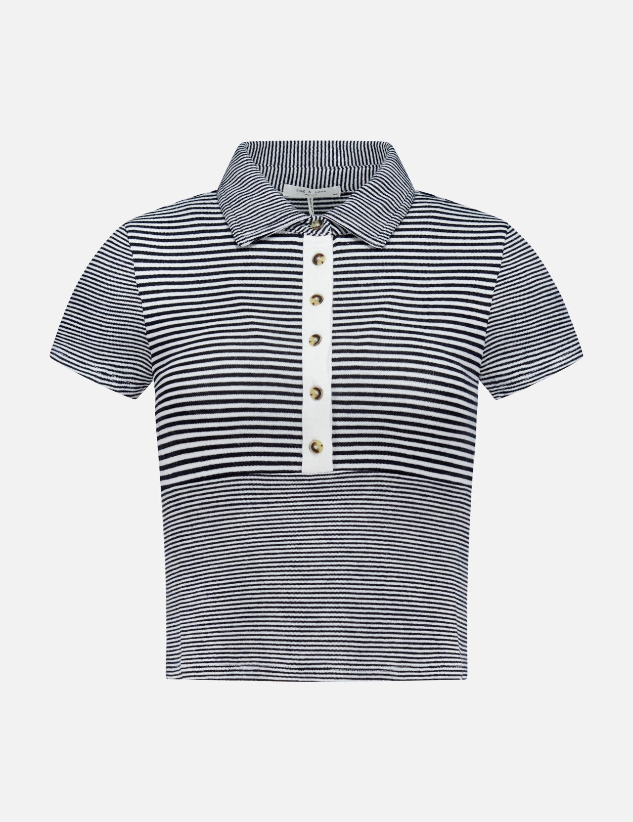 The Knit Button Stripe Polo T-shirt by RAG & BONE is a short-sleeved, black-and-white knit polo with stripes, a collar, and a five-button front placket, shown on a plain white background.
