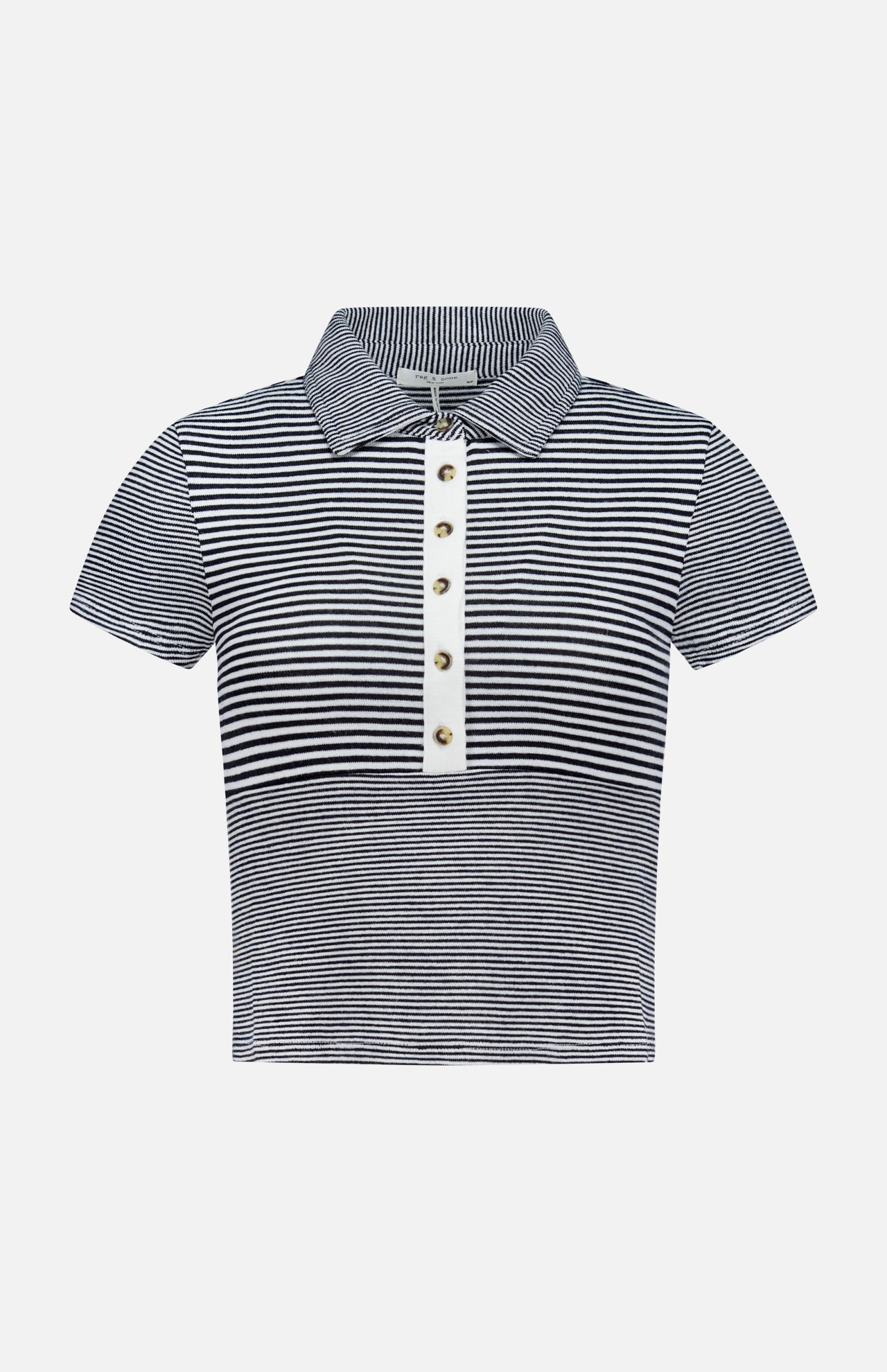 The Knit Button Stripe Polo T-shirt by RAG & BONE is a short-sleeved, black-and-white knit polo with stripes, a collar, and a five-button front placket, shown on a plain white background.