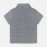 The RAG & BONE Knit Button Stripe Polo T-shirt is displayed from the back on a plain white background, showcasing its black and white horizontal stripes and button-front placket.