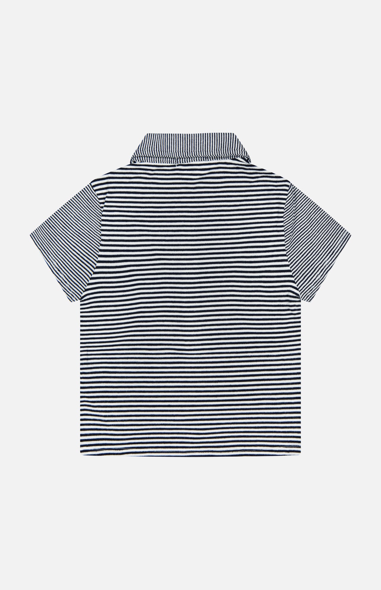 The RAG & BONE Knit Button Stripe Polo T-shirt is displayed from the back on a plain white background, showcasing its black and white horizontal stripes and button-front placket.