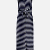 The Knit Button Tie Stripe Dress by RAG & BONE features a sleeveless navy design with horizontal white stripes, button-down front, and a matching fabric belt—delivering effortless style for any occasion.