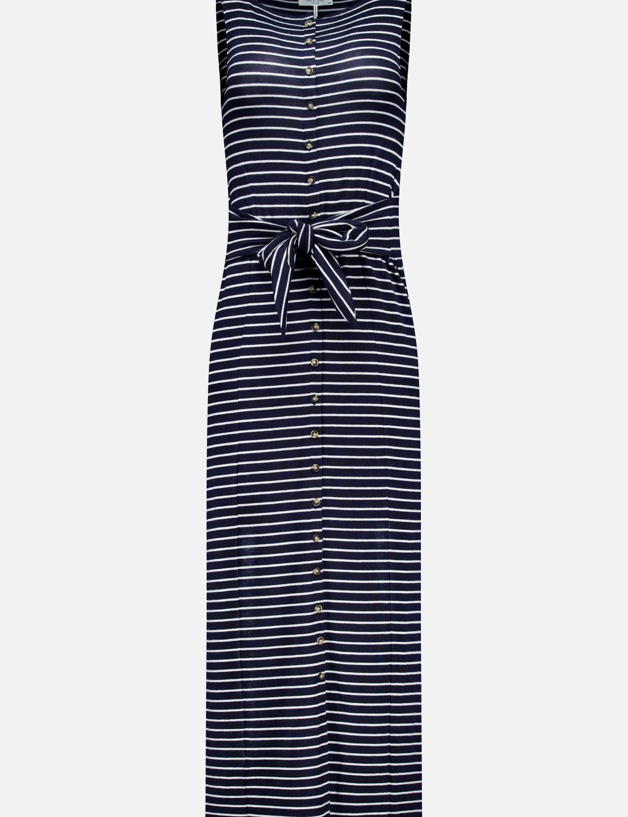 The Knit Button Tie Stripe Dress by RAG & BONE features a sleeveless navy design with horizontal white stripes, button-down front, and a matching fabric belt—delivering effortless style for any occasion.