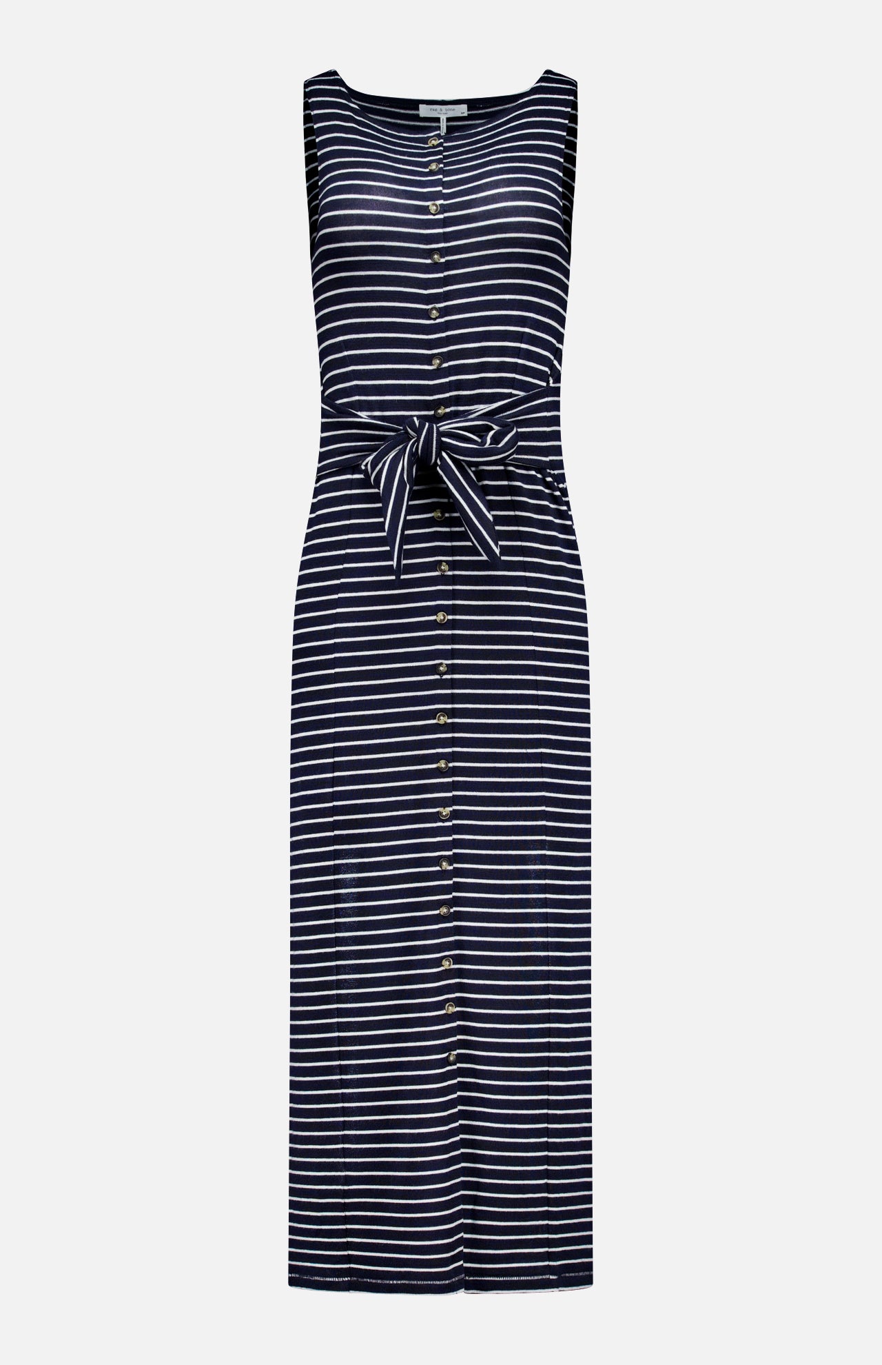 The Knit Button Tie Stripe Dress by RAG & BONE features a sleeveless navy design with horizontal white stripes, button-down front, and a matching fabric belt—delivering effortless style for any occasion.