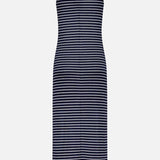 The RAG & BONE Knit Button Tie Stripe Dress is a sleeveless, knee-length navy dress with white horizontal stripes—an effortlessly classic choice for any occasion, shown on a plain white background.