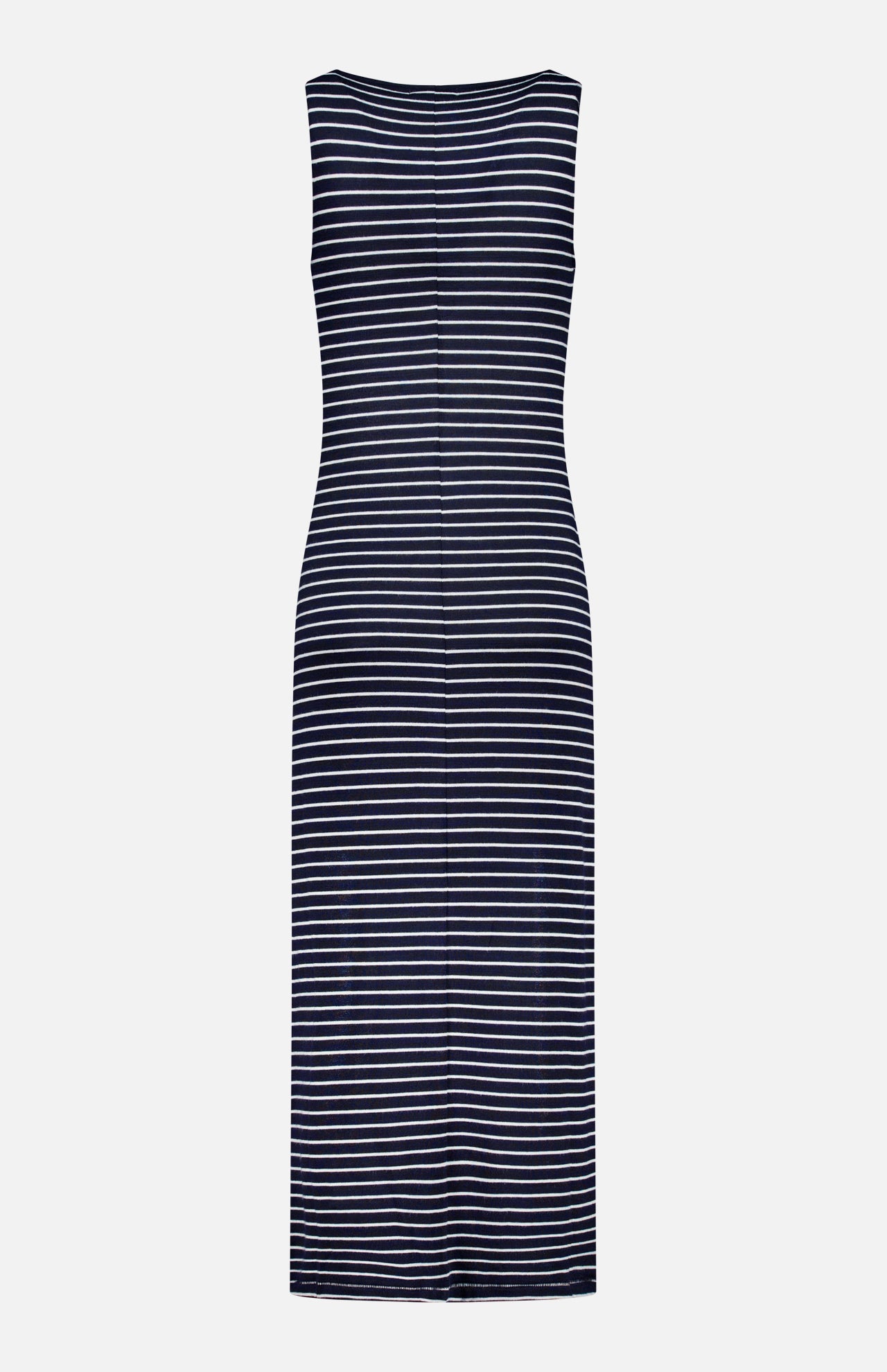 The RAG & BONE Knit Button Tie Stripe Dress is a sleeveless, knee-length navy dress with white horizontal stripes—an effortlessly classic choice for any occasion, shown on a plain white background.