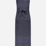 The Knit Button Tie Stripe Dress by RAG & BONE features sleeveless navy blue fabric with horizontal white stripes and a waist sash, shown from the back against a plain white background.