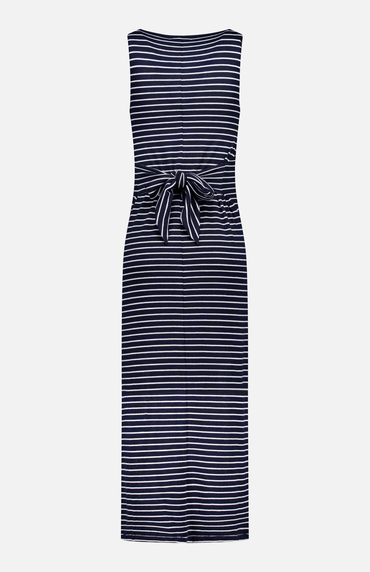 The Knit Button Tie Stripe Dress by RAG & BONE features sleeveless navy blue fabric with horizontal white stripes and a waist sash, shown from the back against a plain white background.