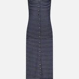The Knit Button Tie Stripe Dress by RAG & BONE is a sleeveless, knee-length piece with horizontal navy and white stripes, a round neckline, and front center buttons—a modern twist on the classic stripe dress.