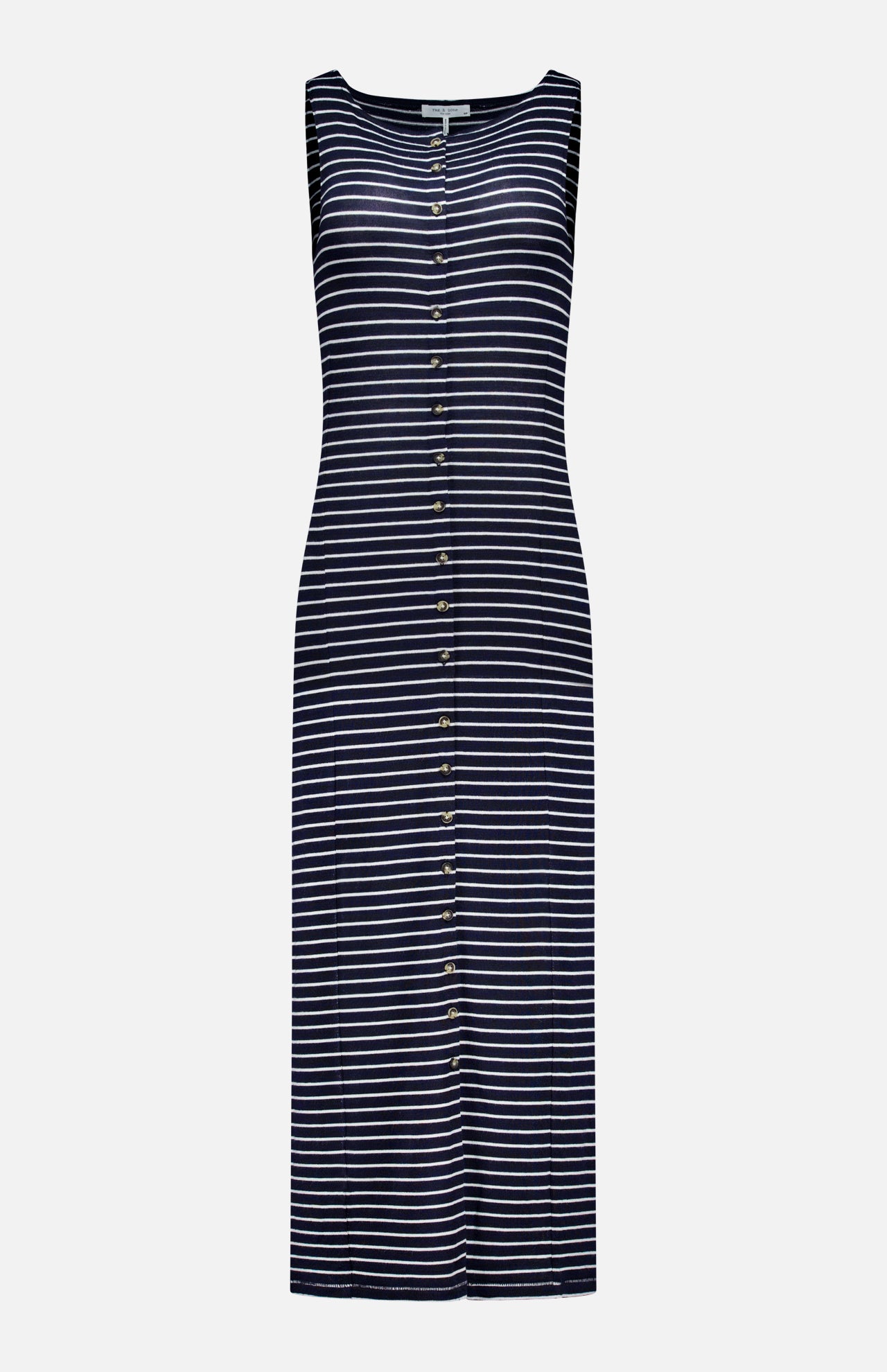 The Knit Button Tie Stripe Dress by RAG & BONE is a sleeveless, knee-length piece with horizontal navy and white stripes, a round neckline, and front center buttons—a modern twist on the classic stripe dress.