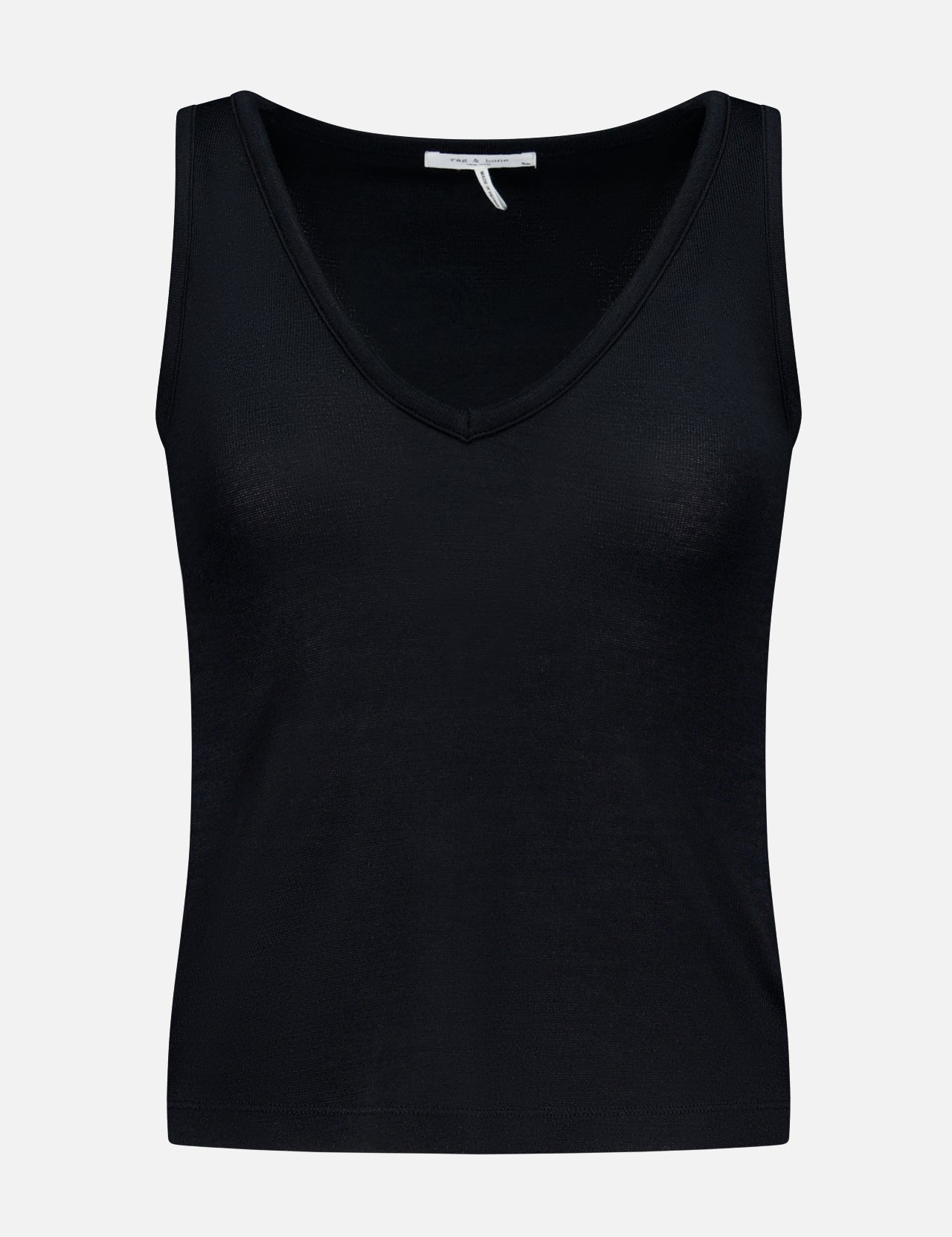 The Knit V-Neck Tank Top by RAG & BONE is shown sleeveless and black against a plain white background, highlighting its sleek front design.