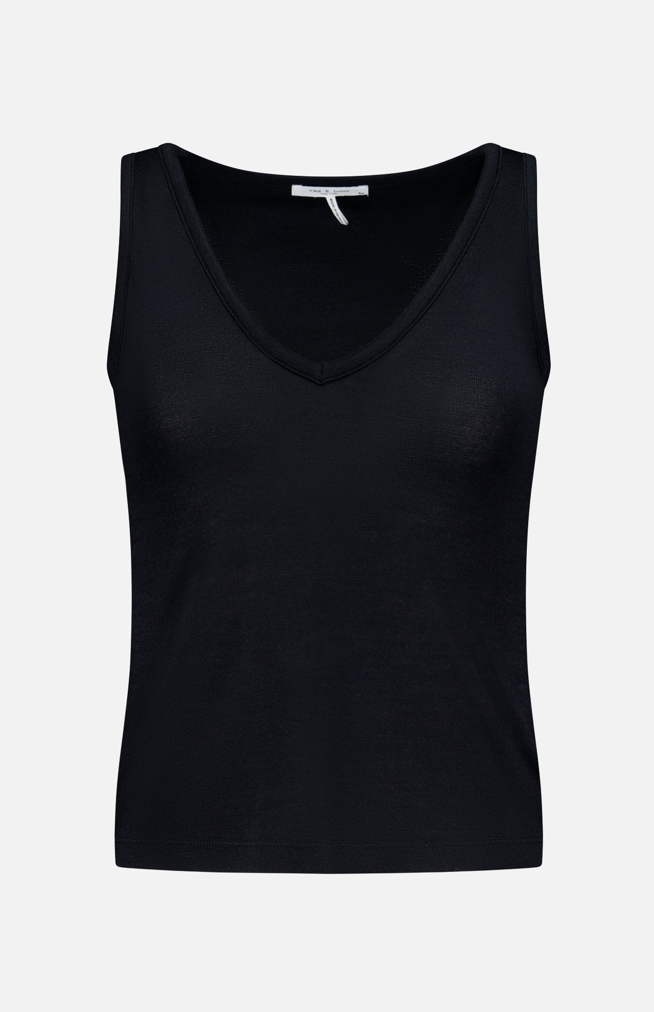The Knit V-Neck Tank Top by RAG & BONE is shown sleeveless and black against a plain white background, highlighting its sleek front design.