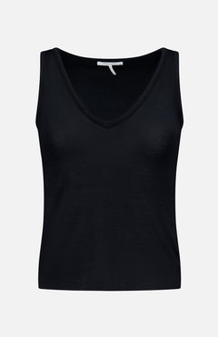 The Knit V-Neck Tank Top by RAG & BONE is shown sleeveless and black against a plain white background, highlighting its sleek front design.