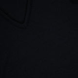Close-up of The Knit V-Neck Tank Top by RAG & BONE, highlighting the textured black fabric and upper-left section of the V-shaped neckline.