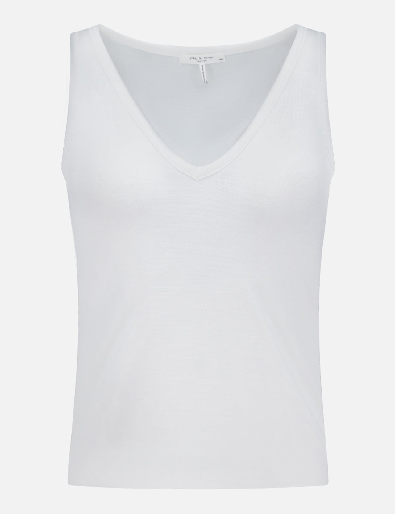 The Knit V-Neck Tank Top by RAG & BONE is a plain white sleeveless knit top with a classic V-neck, shown against a simple white background.