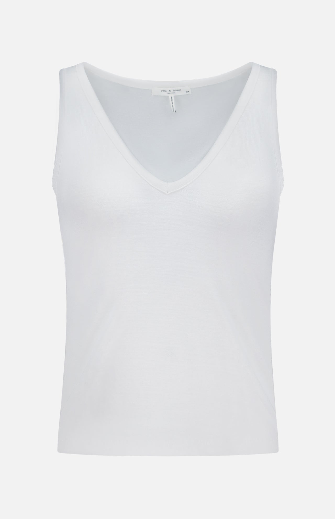The Knit V-Neck Tank Top by RAG & BONE is a plain white sleeveless knit top with a classic V-neck, shown against a simple white background.