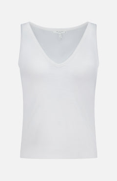 The Knit V-Neck Tank Top by RAG & BONE is a plain white sleeveless knit top with a classic V-neck, shown against a simple white background.