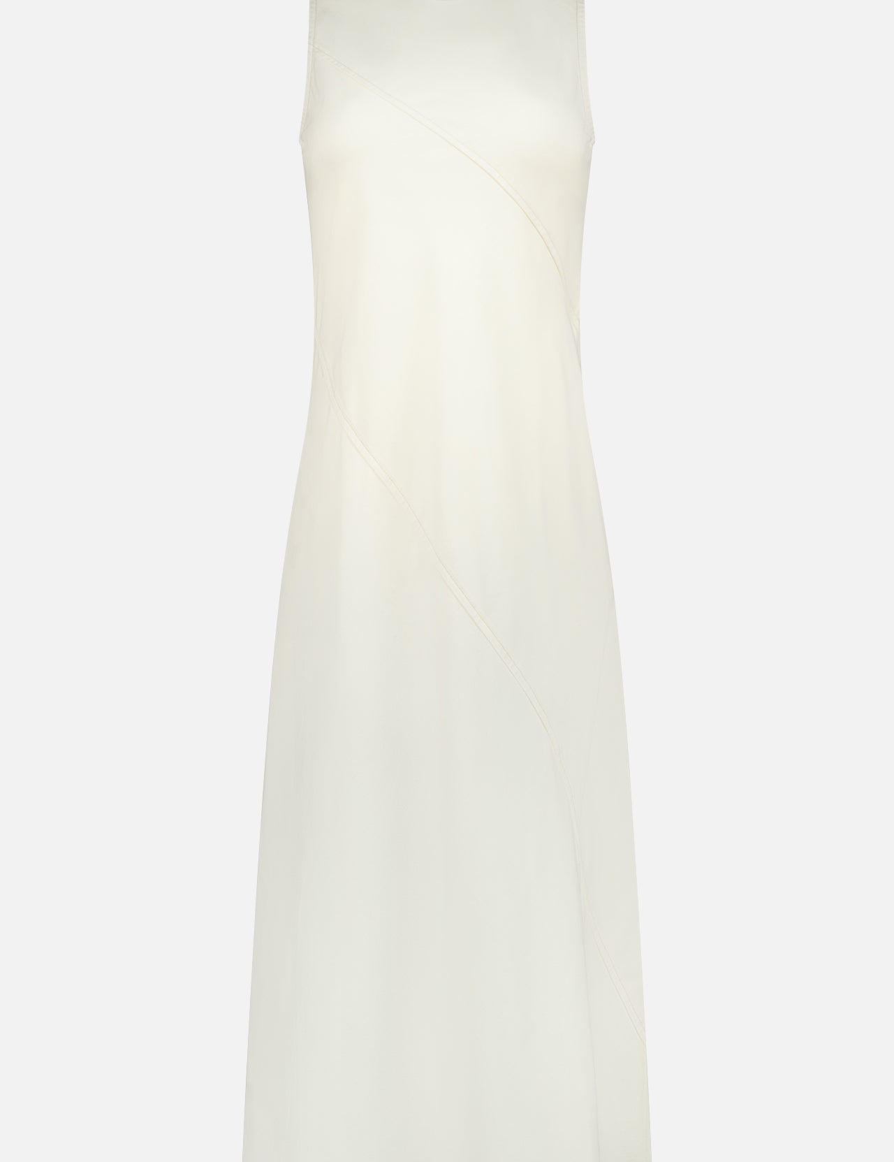 The Ultra Featherweight Lisbon Dress by RAG & BONE is an ivory, sleeveless knee-length summer dress featuring a subtle diagonal seam detail, displayed on a plain white background.