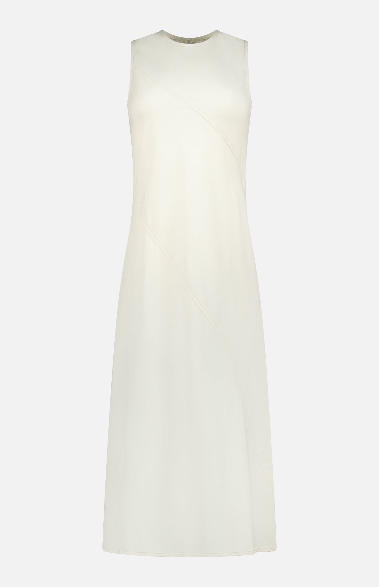The Ultra Featherweight Lisbon Dress by RAG & BONE is an ivory, sleeveless knee-length summer dress featuring a subtle diagonal seam detail, displayed on a plain white background.