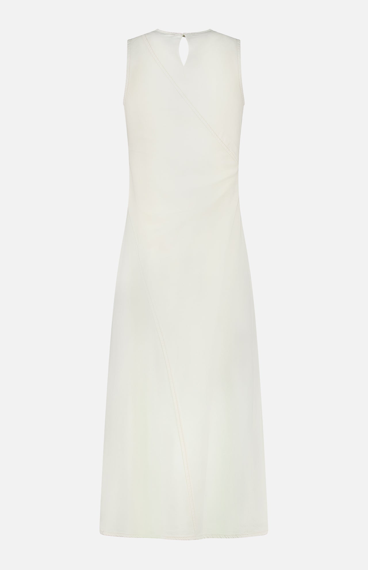 The Ultra Featherweight Lisbon Dress by RAG & BONE is a sleeveless ivory midi shown from the back, featuring a subtle keyhole neckline closure and diagonal seam details for an elegant, minimalist summer look.