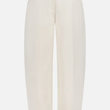The Vicky Barrel Leg Ponte Pant by RAG & BONE features a cropped off-white design with a straight-leg fit, front crease, belt loops, and a concealed front fastening, displayed against a plain white background.