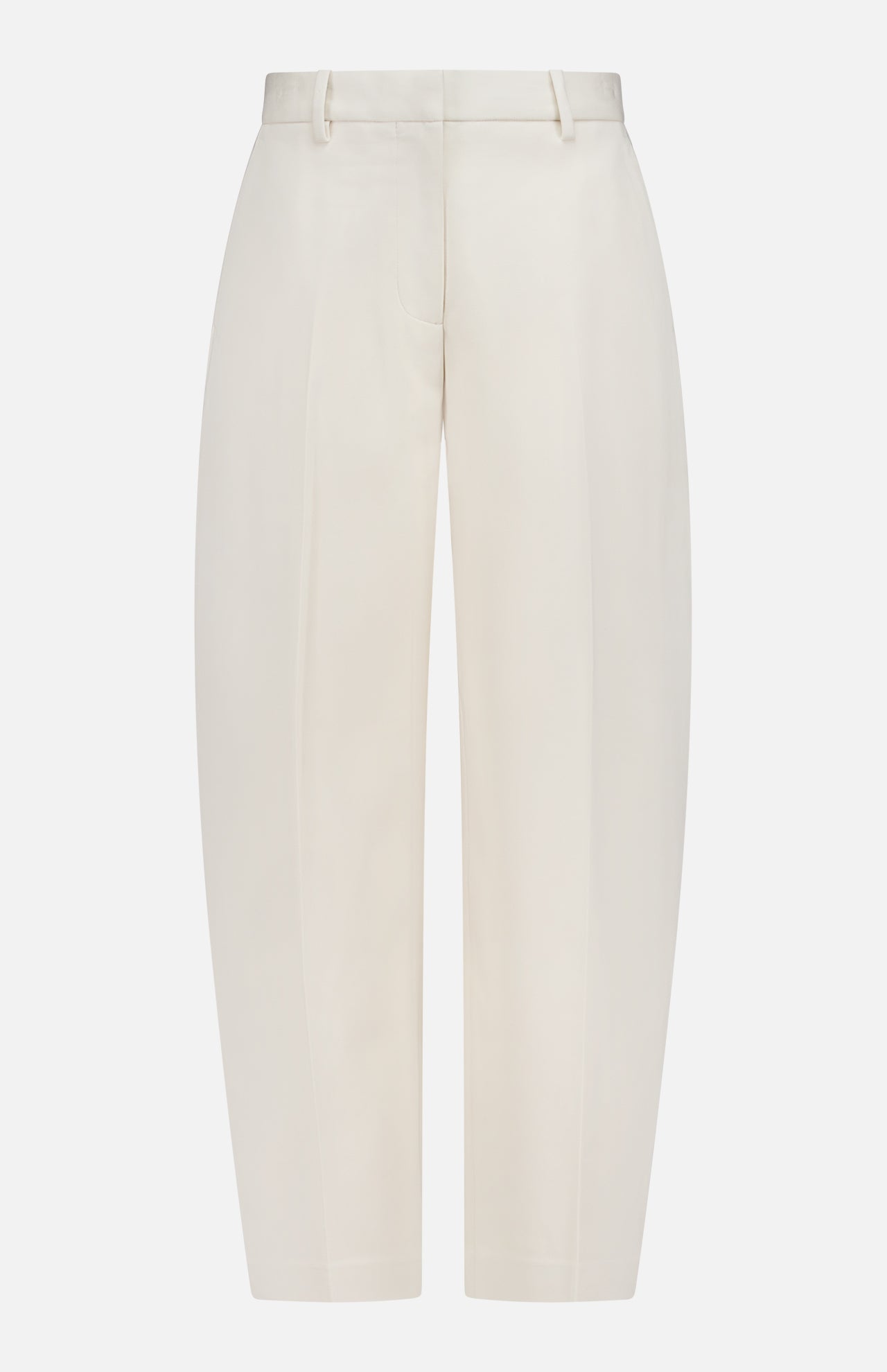 The Vicky Barrel Leg Ponte Pant by RAG & BONE features a cropped off-white design with a straight-leg fit, front crease, belt loops, and a concealed front fastening, displayed against a plain white background.