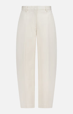 The Vicky Barrel Leg Ponte Pant by RAG & BONE features a cropped off-white design with a straight-leg fit, front crease, belt loops, and a concealed front fastening, displayed against a plain white background.