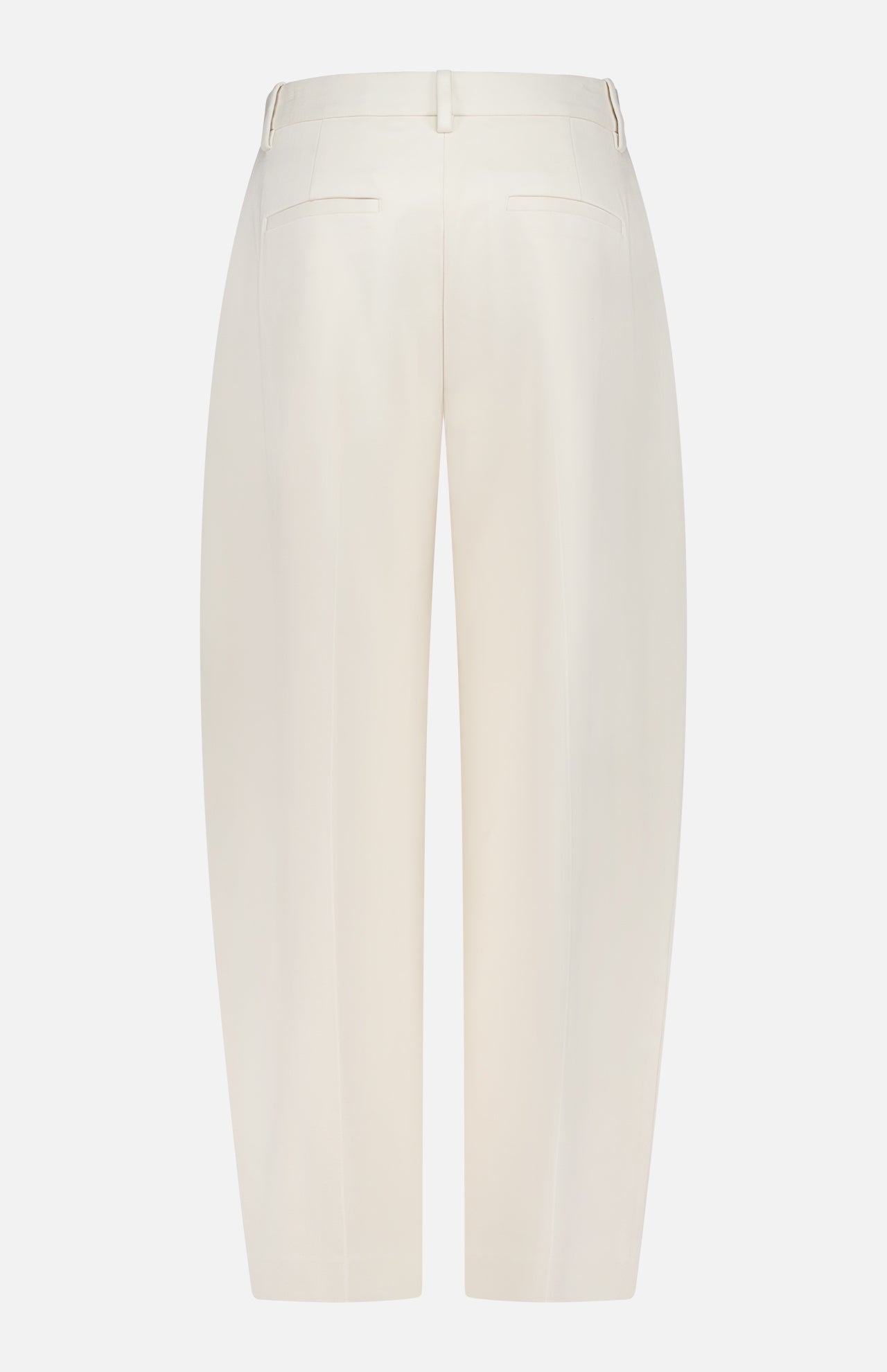 Back view of RAG & BONE's Vicky Barrel Leg Ponte Pant, featuring a high waist, off-white color, belt loops, two back welt pockets, and a slightly tapered leg for a refined slim fit.