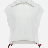 The RAG & BONE Vintage Terry Half Zip Muscle Tank Top is a white, sleeveless cropped top with a zip-up high collar and red hem drawstrings in soft, textured fabric for a modern athleisure look.