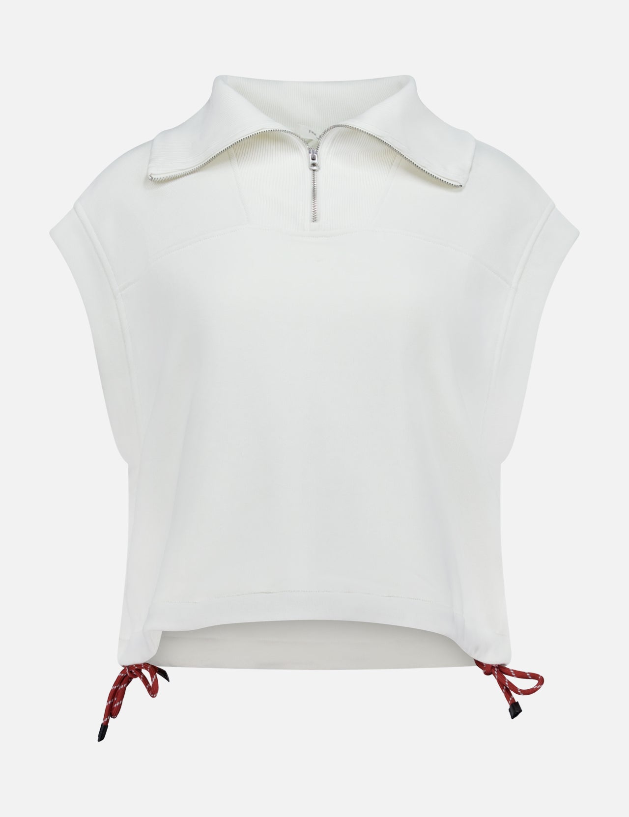 The RAG & BONE Vintage Terry Half Zip Muscle Tank Top is a white, sleeveless cropped top with a zip-up high collar and red hem drawstrings in soft, textured fabric for a modern athleisure look.