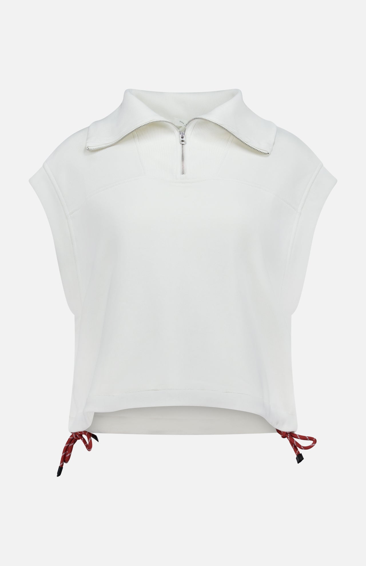 The RAG & BONE Vintage Terry Half Zip Muscle Tank Top is a white, sleeveless cropped top with a zip-up high collar and red hem drawstrings in soft, textured fabric for a modern athleisure look.
