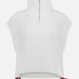 The RAG & BONE Vintage Terry Half Zip Muscle Tank Top is a white sleeveless pullover with a high zip collar, cropped fit, and adjustable red drawstrings at the hem—perfect for athleisure style. Shown against a plain white background.