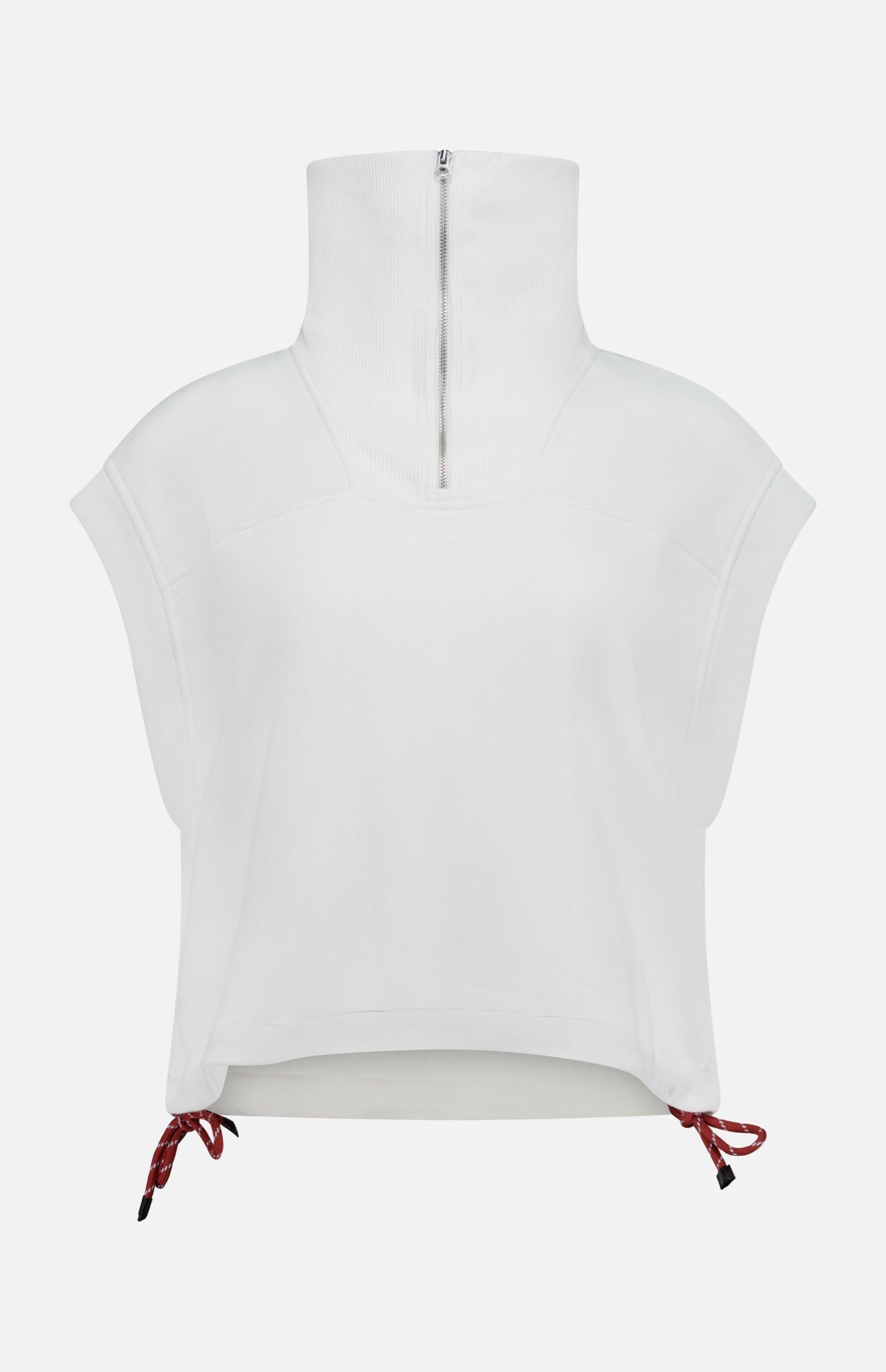 The RAG & BONE Vintage Terry Half Zip Muscle Tank Top is a white sleeveless pullover with a high zip collar, cropped fit, and adjustable red drawstrings at the hem—perfect for athleisure style. Shown against a plain white background.
